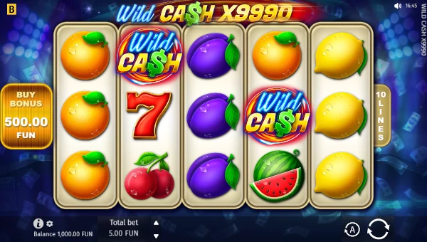 Wild Cash X9990 base game screenshot showing reels and features