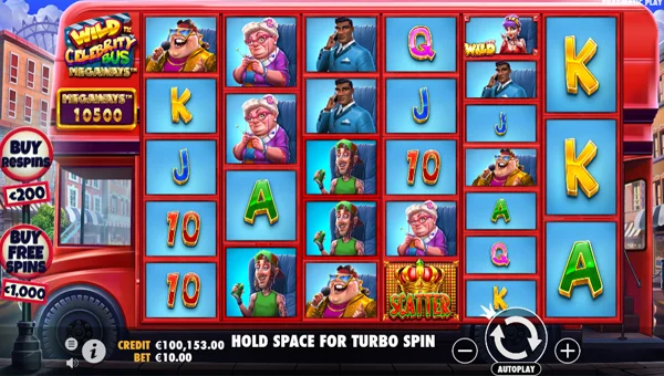 Wild Celebrity Bus Megaways base game screenshot showing reels and features
