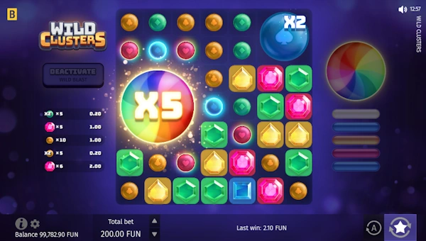 Screenshot of Wild Clusters slot demo showing reels and bonus game features