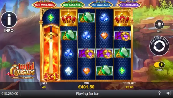 Wild Crusade Empire Treasures base game screenshot showing reels and features