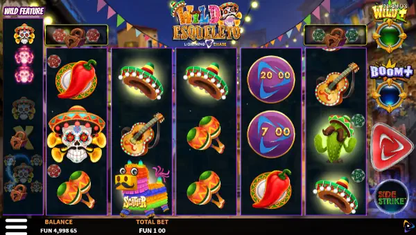 Wild Esqueleto Lightning Chase base game screenshot showing reels and features
