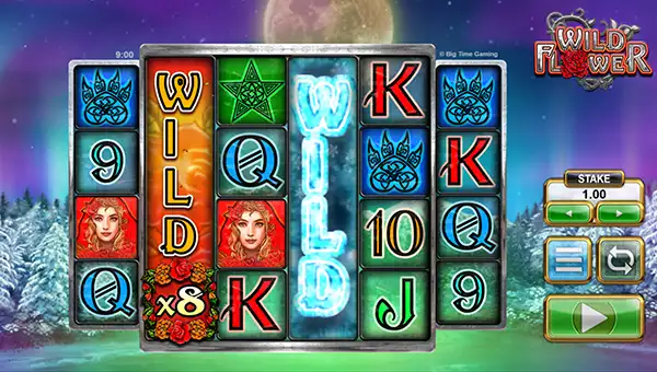 Wild Flower base game screenshot showing reels and features