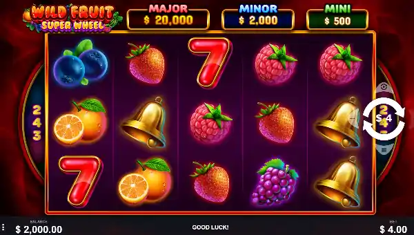 Wild Fruit Super Wheel base game screenshot showing reels and features