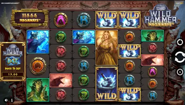 Wild Hammer Megaways base game screenshot showing reels and features