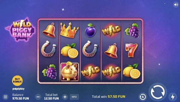 Wild Piggy Bank base game screenshot showing reels and features