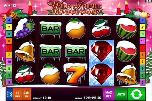 Wild Rubies Christmas Edition base game screenshot showing reels and features