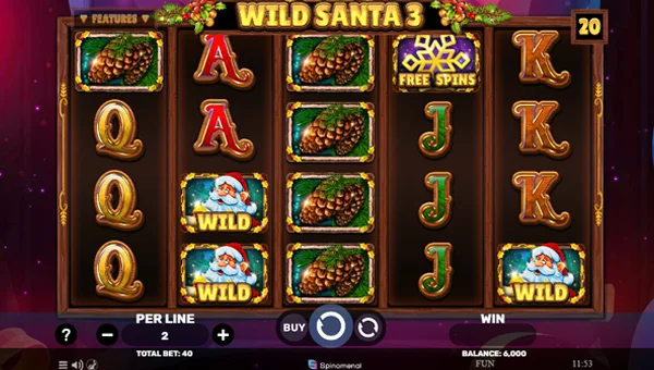 Wild Santa 3 base game screenshot showing reels and features