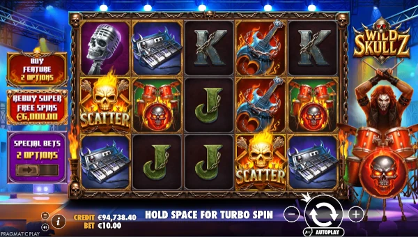 Wild Skullz base game screenshot showing reels and features