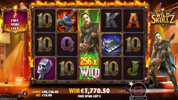 Screenshot of Wild Skullz slot demo showing reels and bonus game features