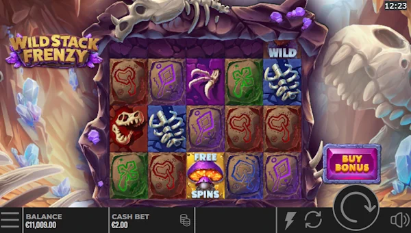 Wild Stack Frenzy base game screenshot showing reels and features