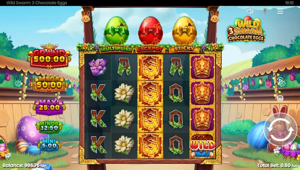 Wild Swarm 3 Chocolate Eggs base game screenshot showing reels and features