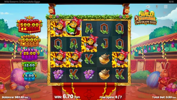Screenshot of Wild Swarm 3 Chocolate Eggs slot demo showing reels and bonus game features