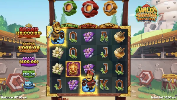 Wild Swarm Triple Hive base game screenshot showing reels and features