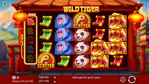 Wild Tiger base game screenshot showing reels and features