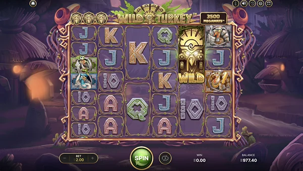 Wild Turkey Megaways base game screenshot showing reels and features