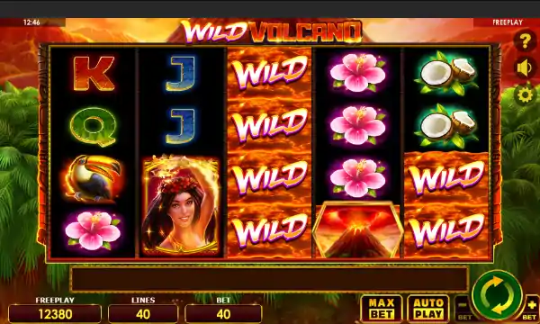 Wild Volcano base game screenshot showing reels and features