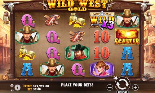 Wild West Gold base game screenshot showing reels and features