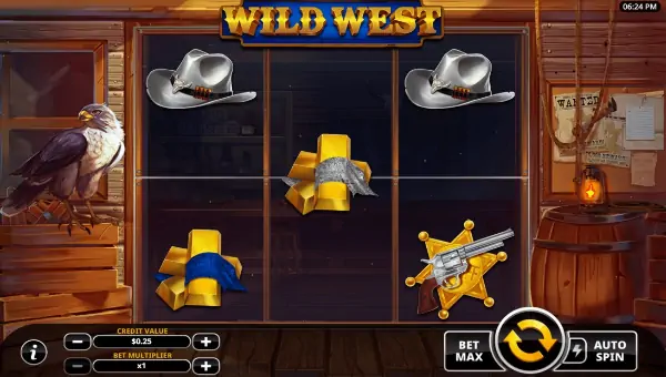Wild West base game screenshot showing reels and features