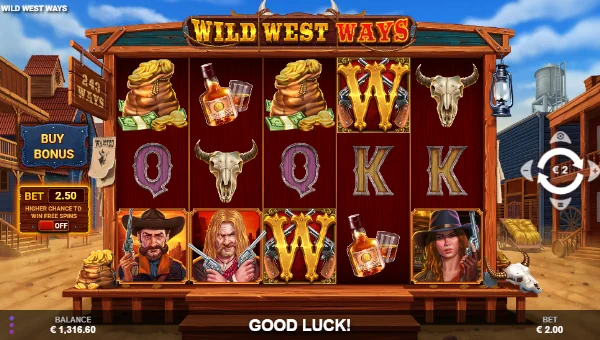 Wild West Ways base game screenshot showing reels and features