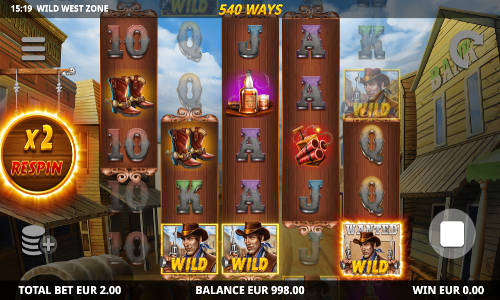 Wild West Zone base game screenshot showing reels and features