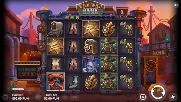 Wild Wild Bank base game screenshot showing reels and features