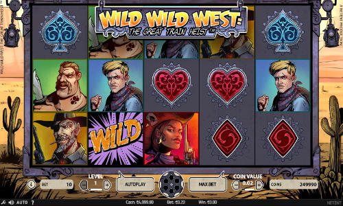Wild Wild West The Great Train Heist base game screenshot showing reels and features