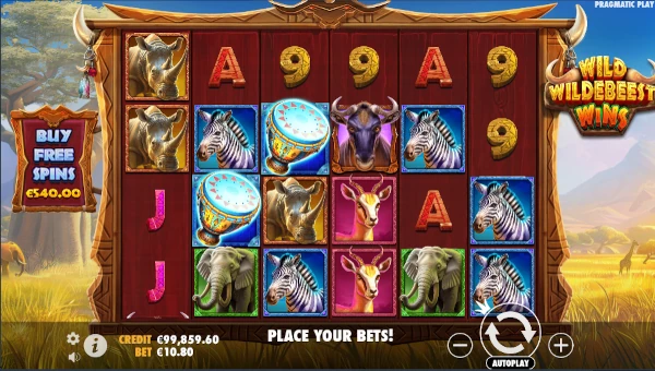 Wild Wildebeest Wins base game screenshot showing reels and features
