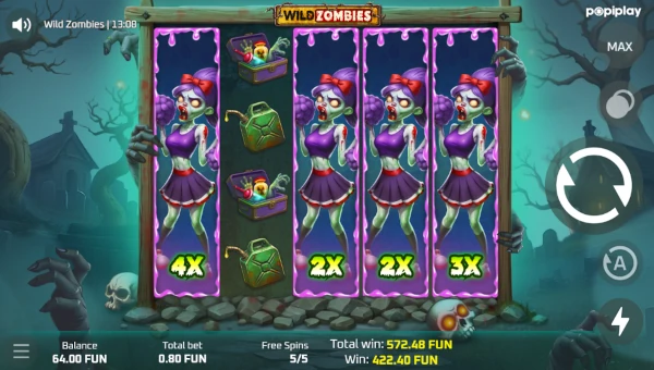 Screenshot of Wild Zombies slot demo showing reels and bonus game features