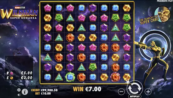 Wildman Super Bonanza base game screenshot showing reels and features