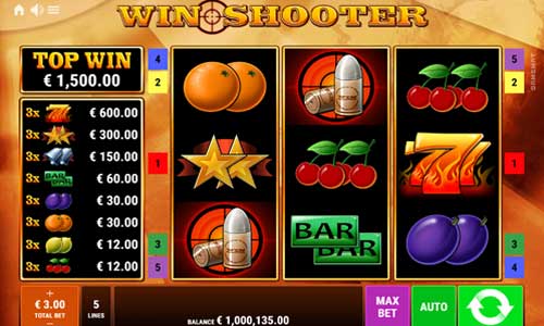 Win Shooter base game screenshot showing reels and features