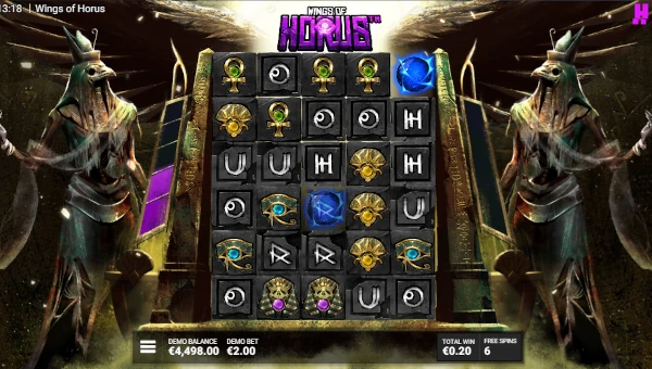 Screenshot of Wings of Horus slot demo showing reels and bonus game features