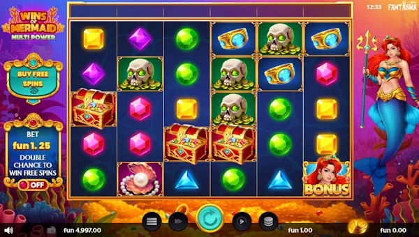 Wins of Mermaid Multi Power base game screenshot showing reels and features