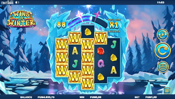 Wins of Winter base game screenshot showing reels and features