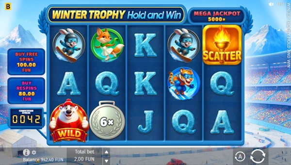 Winter Trophy Hold and Win base game screenshot showing reels and features