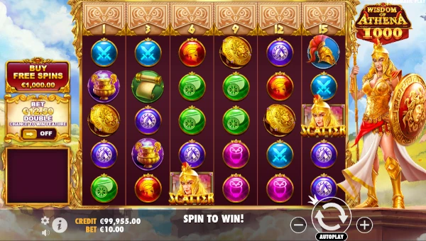 Wisdom of Athena 1000 base game screenshot showing reels and features
