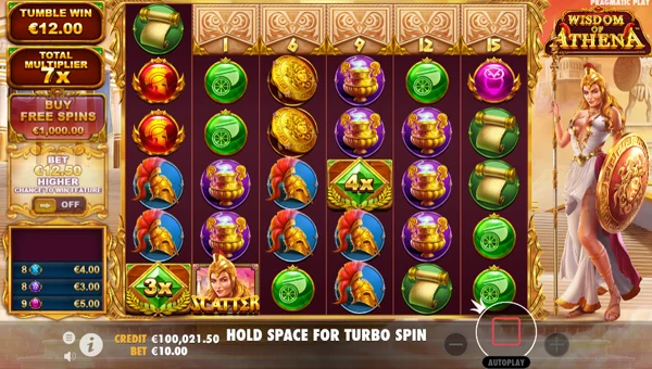 Wisdom of Athena base game screenshot showing reels and features