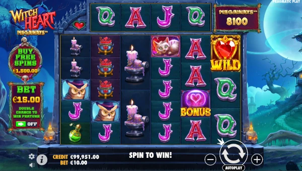 Witch Heart Megaways base game screenshot showing reels and features