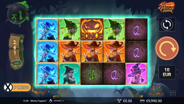 WitchyPoppins base game screenshot showing reels and features