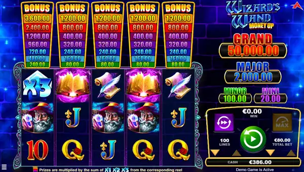 Wizards Wand Money Up base game screenshot showing reels and features
