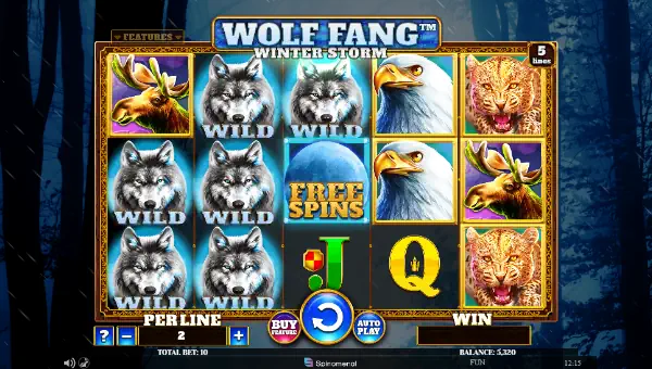 Wolf Fang Winter Storm base game screenshot showing reels and features