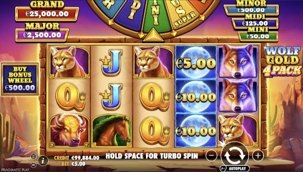 Wolf Gold 4 Pack base game screenshot showing reels and features