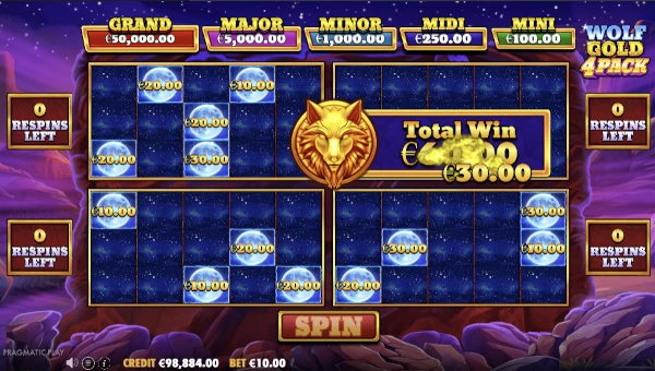 Screenshot of Wolf Gold 4 Pack slot demo showing reels and bonus game features