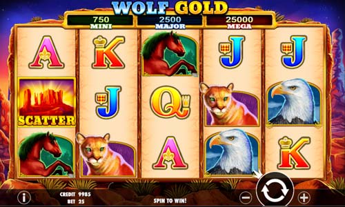 Wolf Gold base game screenshot showing reels and features