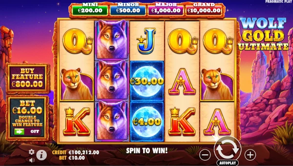 Wolf Gold Ultimate base game screenshot showing reels and features