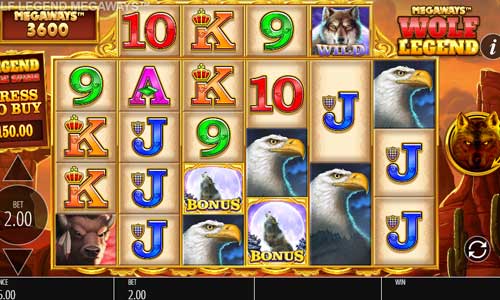 Wolf Legend Megaways base game screenshot showing reels and features