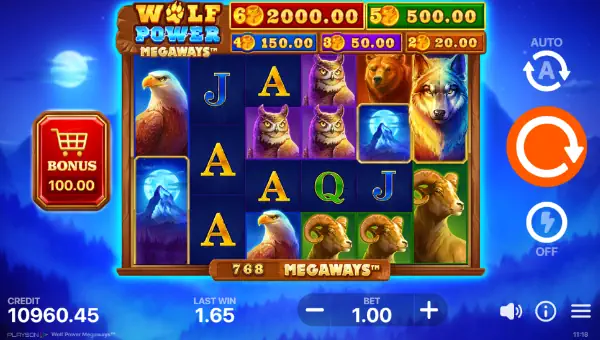 Wolf Power Megaways base game screenshot showing reels and features