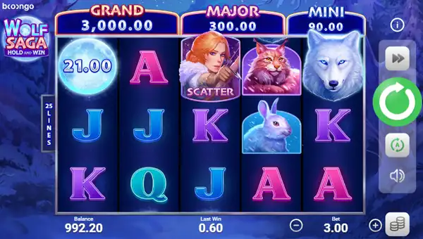 Wolf Saga base game screenshot showing reels and features