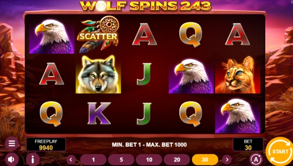 Wolf Spins 243 base game screenshot showing reels and features