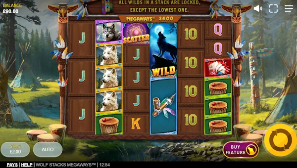 Wolf Stacks Megaways base game screenshot showing reels and features