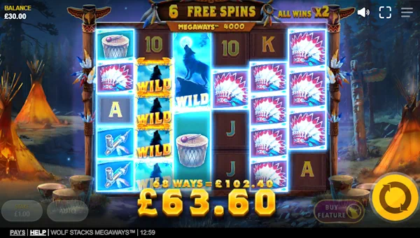 Screenshot of Wolf Stacks Megaways slot demo showing reels and bonus game features